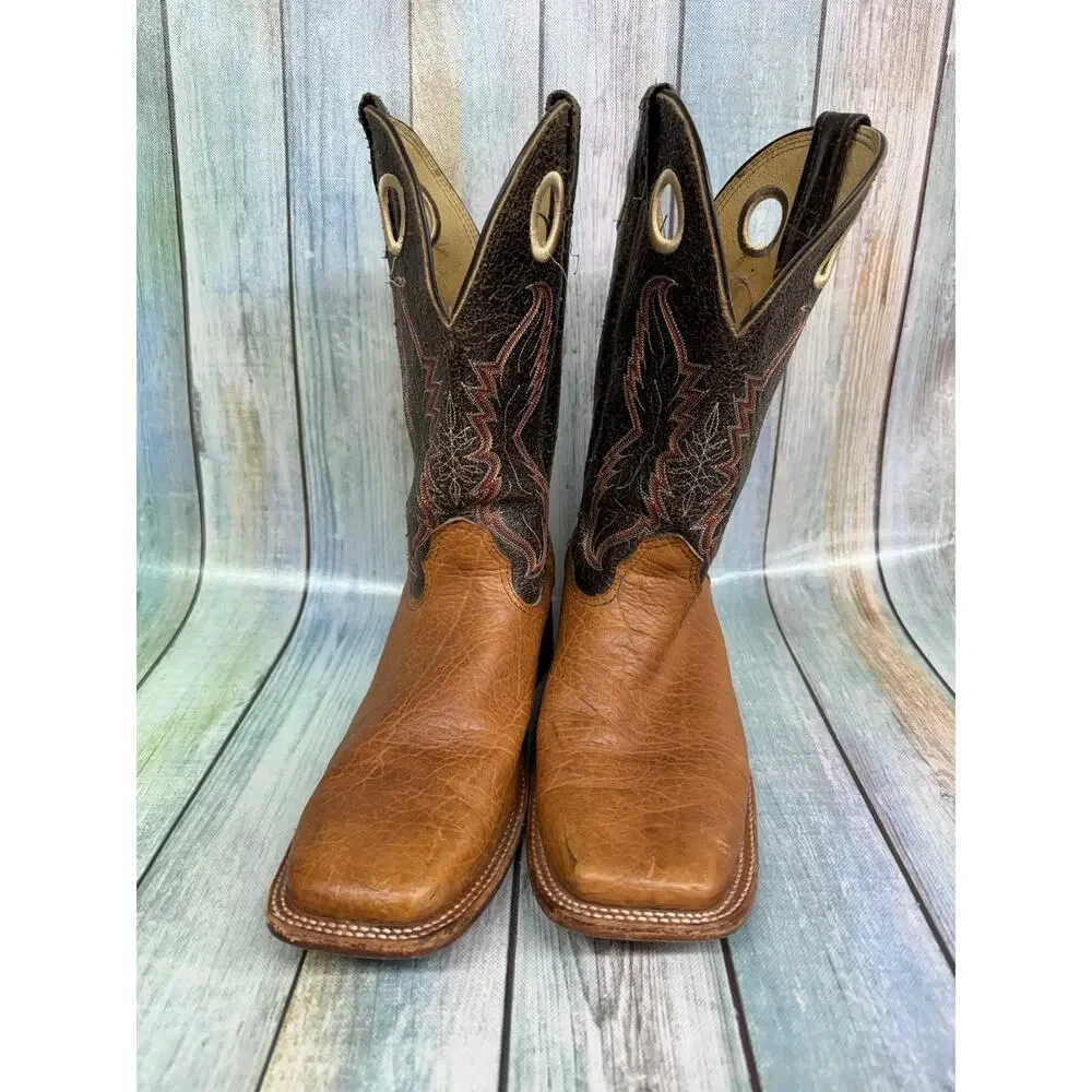 JM Western Cowboy Boots Brown Leather Square Toe Men's Size 12D Texas
